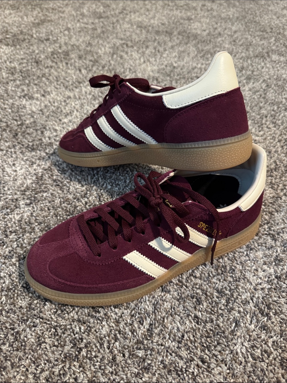 adidas Spezial Burgundy Suede Athletic Sneakers with White Stripes